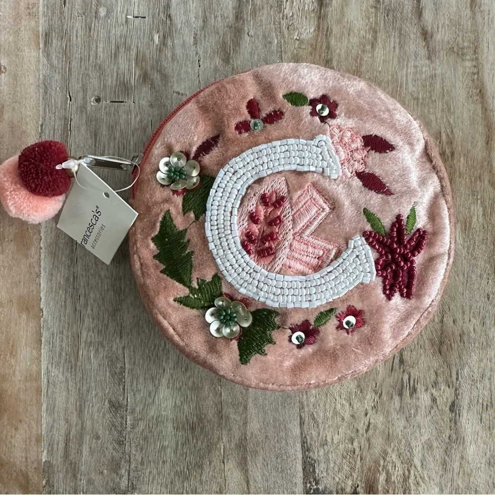 Francesca’s Velvety Initial C Coin Purse Multicolored Embroidered Beaded NWT